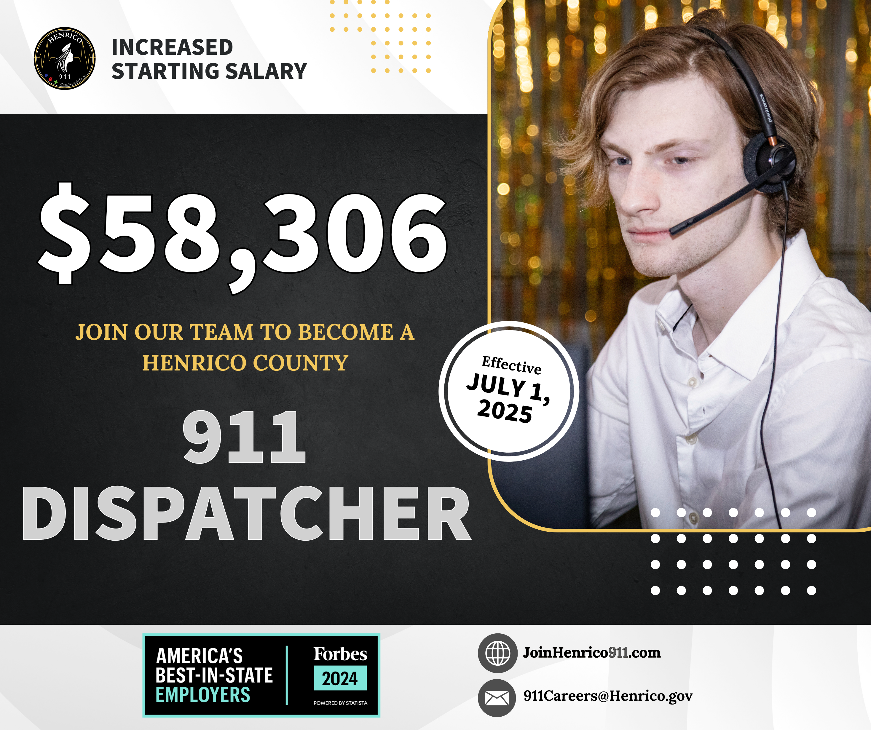 Image shows a white male dispatcher. Information on the graphic reads, "Increased Starting Salary", "$58,306", "Join our team to become a henrico county 911 dispatcher."
