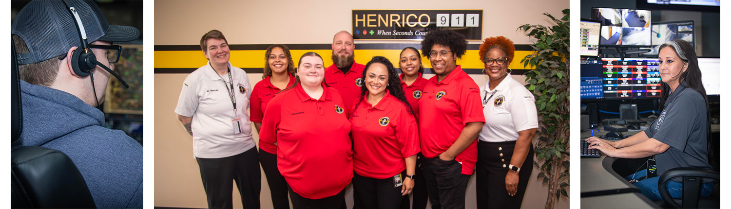 Group of Henrico 911 dispatchers in red and white uniforms posing together in the office lobby.
