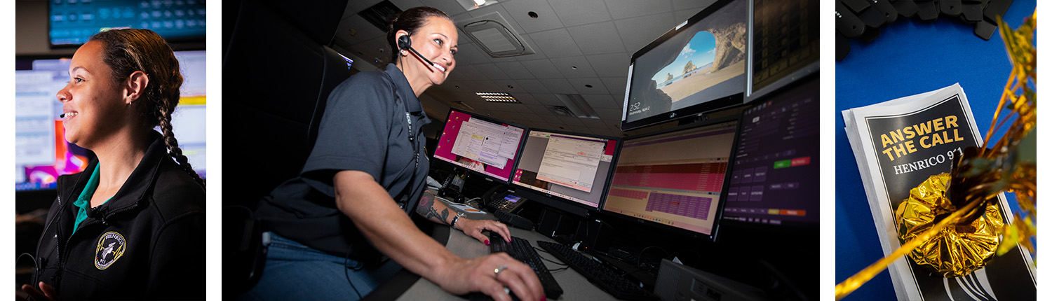Female emergency dispatcher wearing a headset monitors multiple screens in a dimly lit control room handling a 911 call.