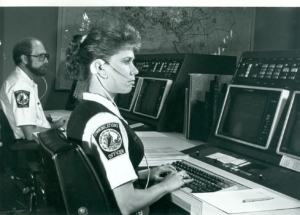 Black and white photo of Kathy Perry, a Henrico 911 dispatcher.